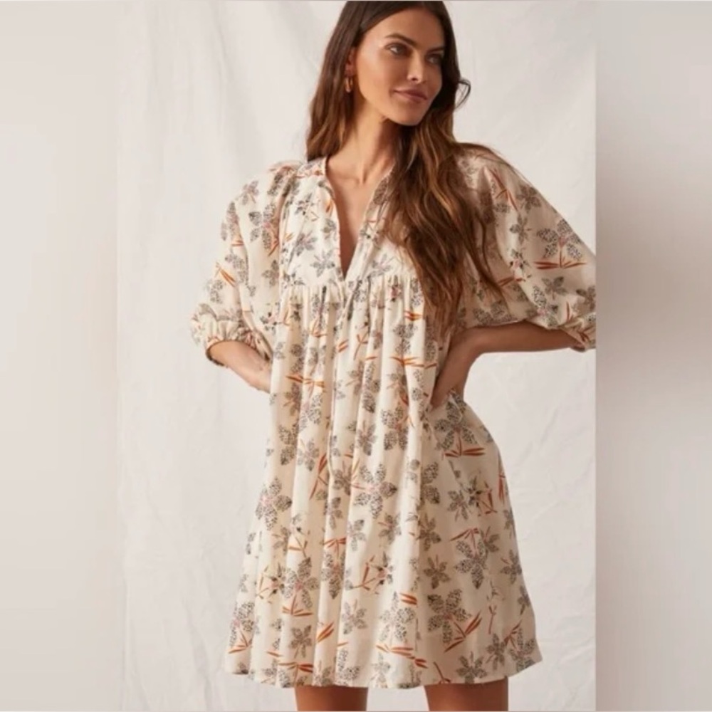 Caballero Anthropologie - Floral Cotton Mini Dress Cream Print Balloon Sleeve XS